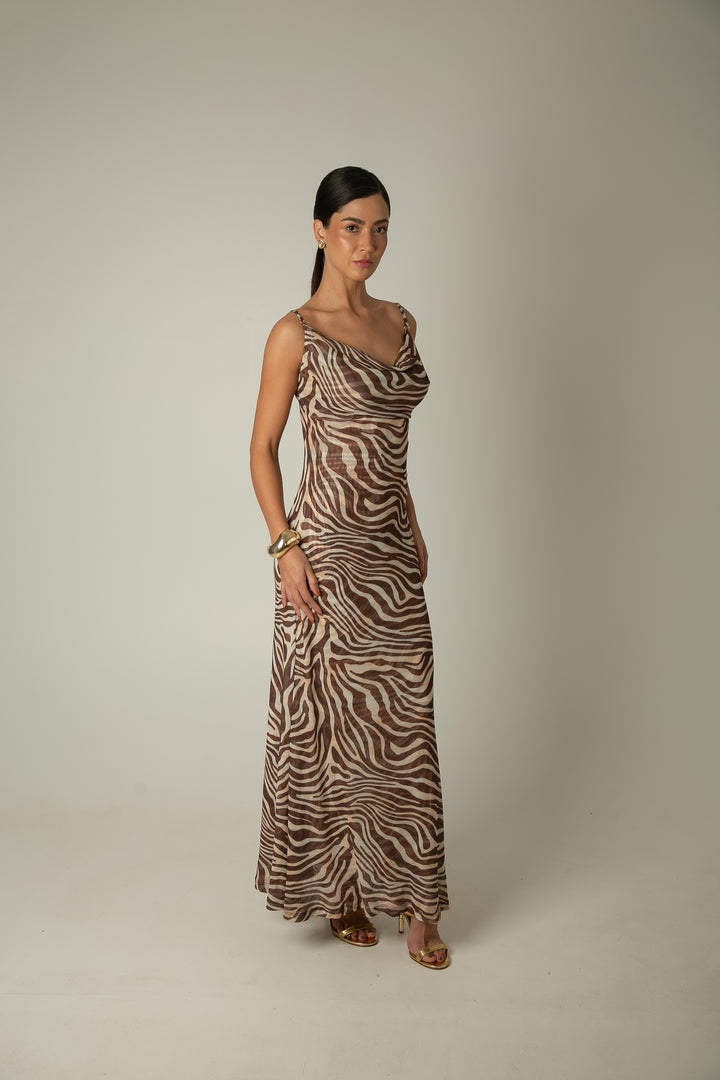 Vestido Longo Drapeado Tule Zebra